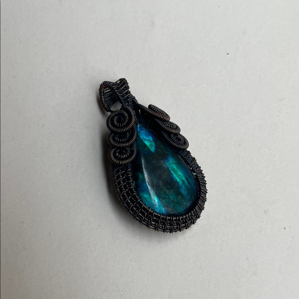 Blue/Green Labradorite Teardrop Wire Wrapped Pendant
